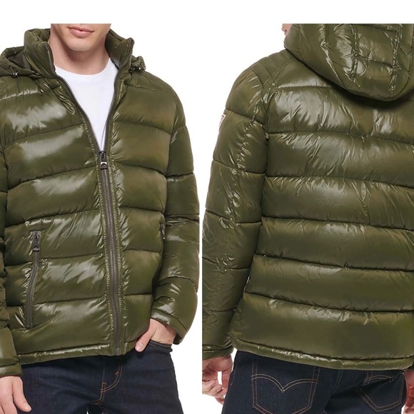 Guess Hooded Quilted Puffer Jacket - Military Olive Green - Picture 1 of 16